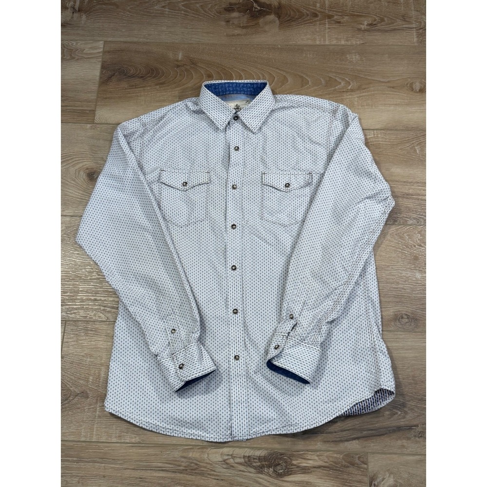 Age of Wisdom Mens Large White Blue Geometric Print Cotton Button Down Shirt